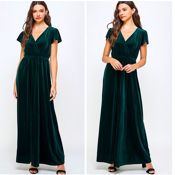 Black Velvet Flutter Sleeve V-Neck Maxi Dress - Picture 6 of 6